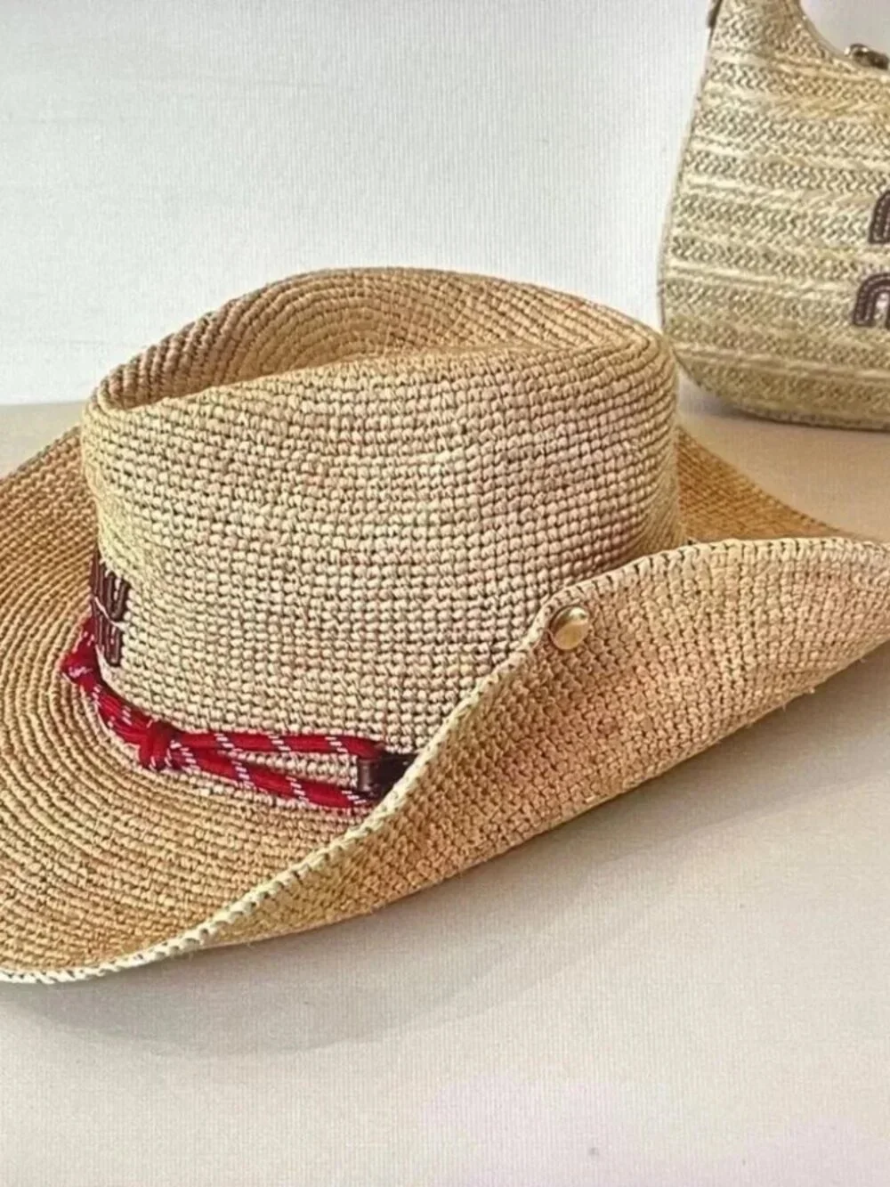 Miu Miu Natural Straw Hat with Red Braided Trim - Picture 4 of 5